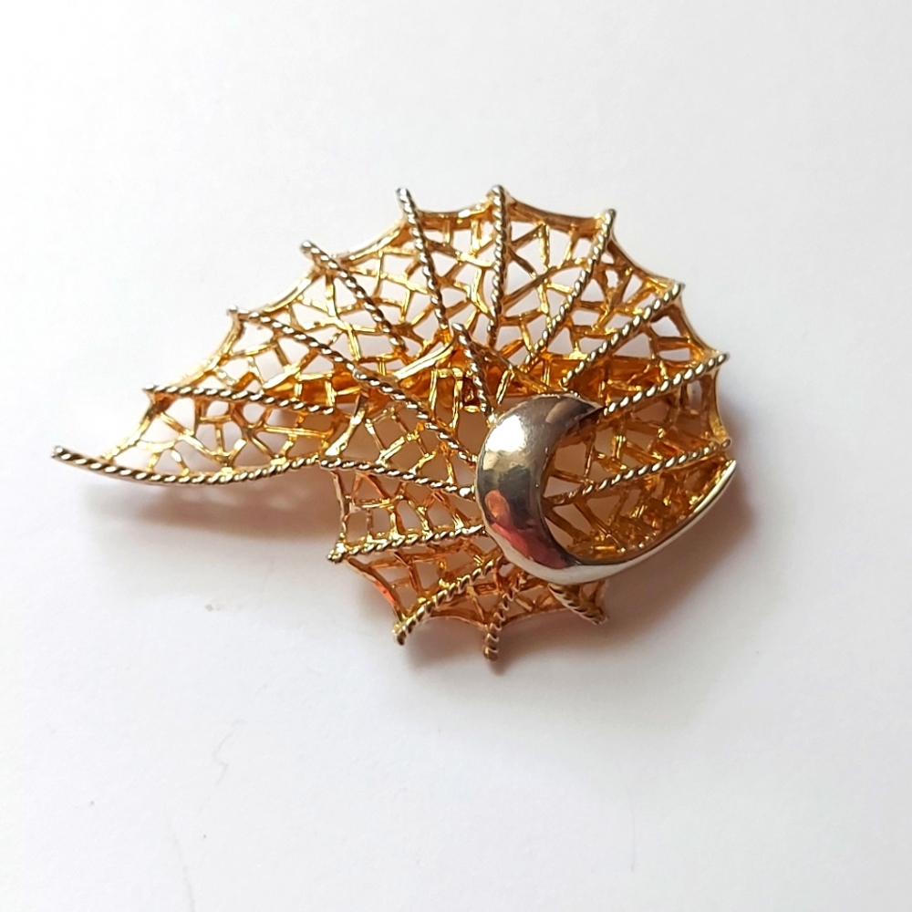 Web Brooch, Vintage Mid Century Brooch, Two Tone Silver and Gold
